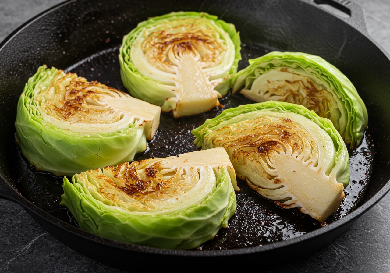 Cabbage steak slices sizzling in a hot pan, showing a golden brown crust