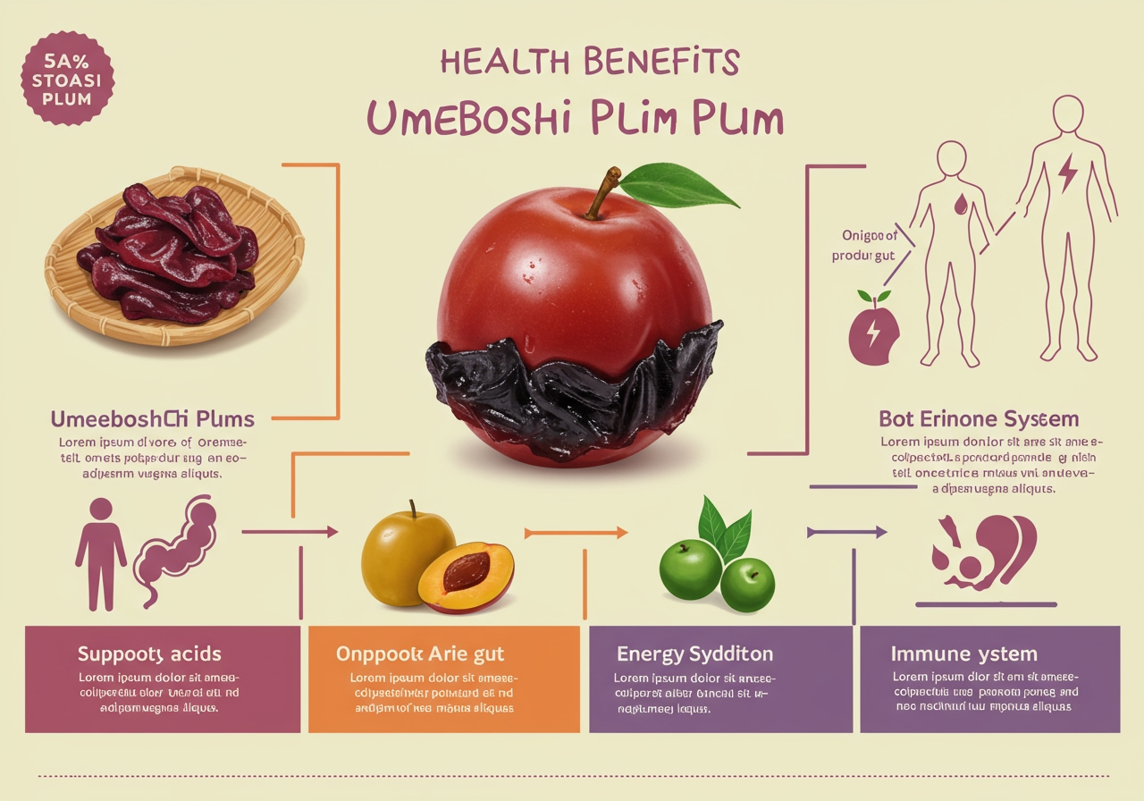 Chart illustrating the health benefits of umeboshi, including digestion, energy, and immunity