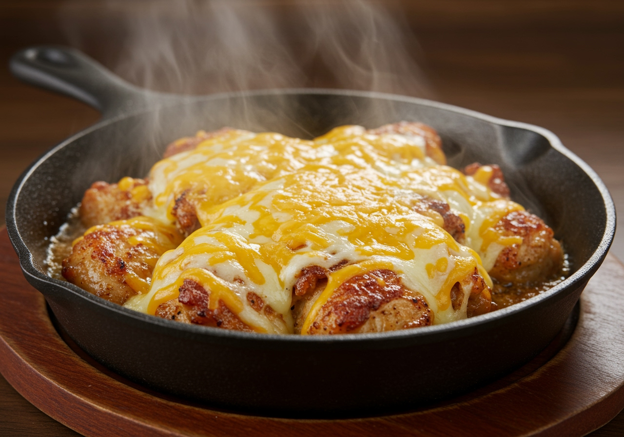 Cheese melting on top of cooked chicken in a skillet, steam rising.