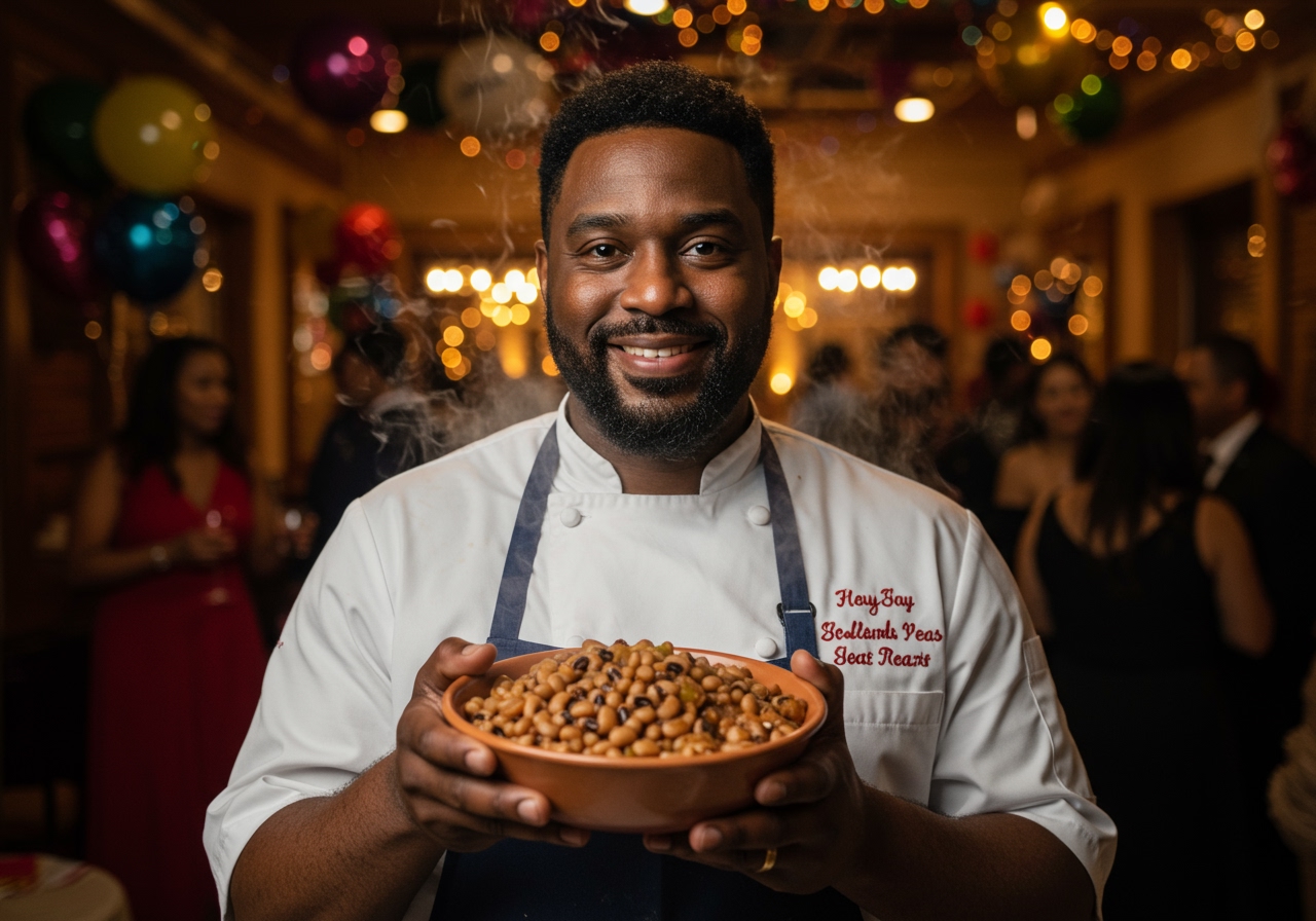 Chef Mo (a friendly, diverse-looking chef) proudly presenting a steaming bowl of his black-eyed peas, with a backdrop of a festive New Year's setting.
