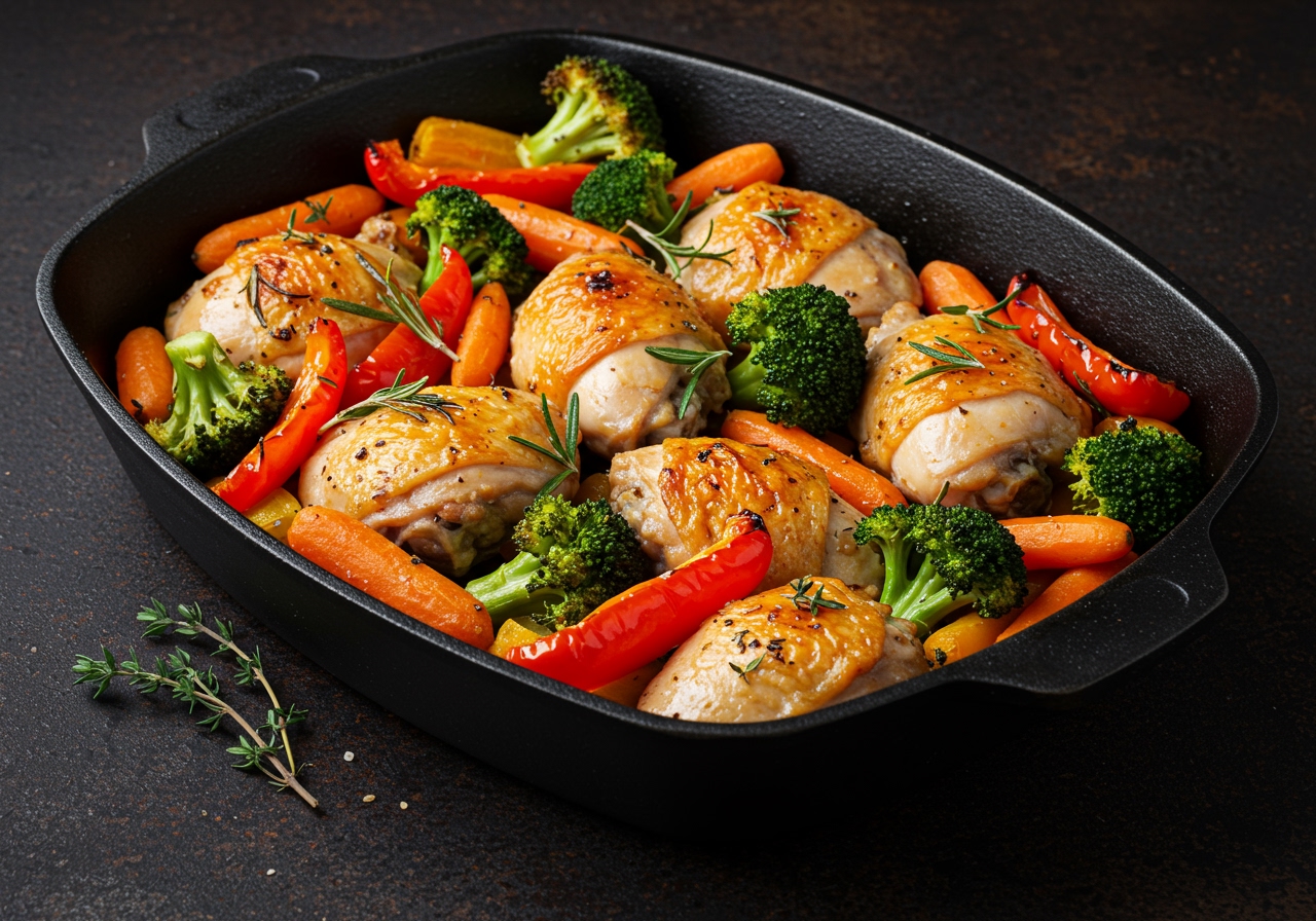 Chicken and colorful vegetables roasting in a single oven dish