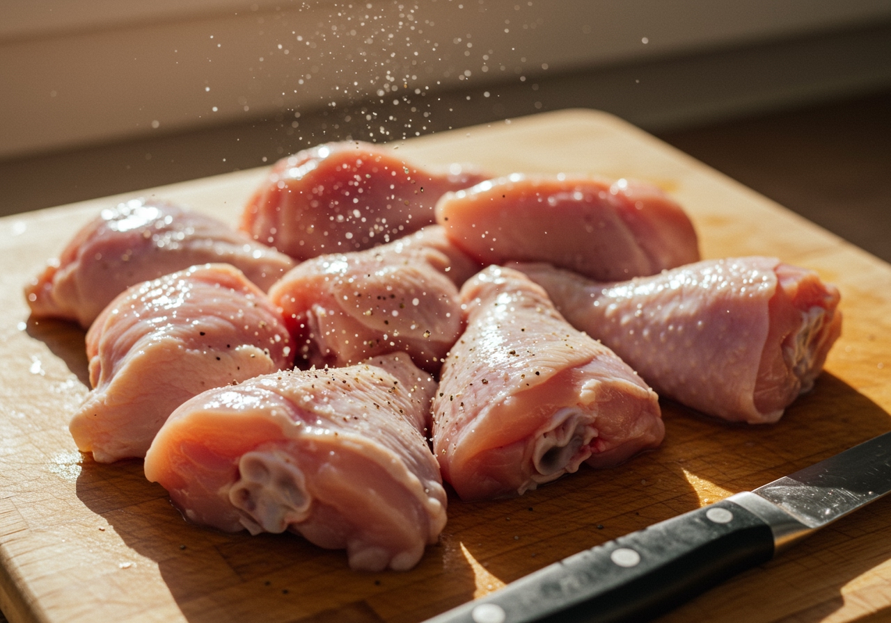 Chicken pieces being seasoned with salt and pepper on a cutting board.