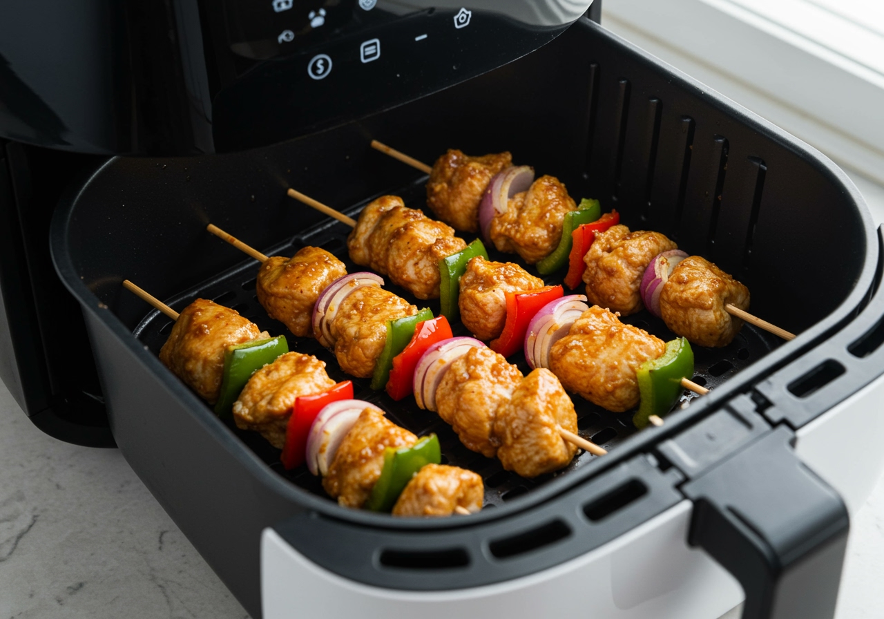 Chicken skewers arranged neatly in the basket of an air fryer.