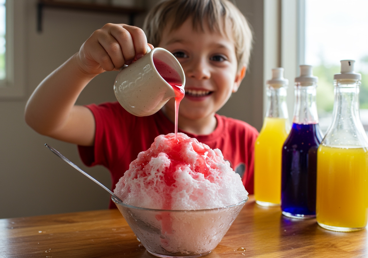 Child happily pouring homemade syrup from a small pitcher onto a bowl of shaved ice, with colorful syrup options visible.
