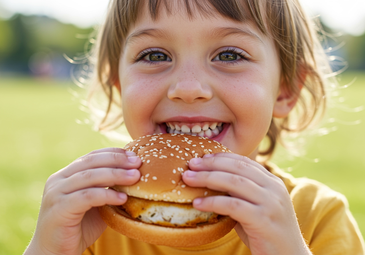 Child smiling and happily eating a white fish hamburger.