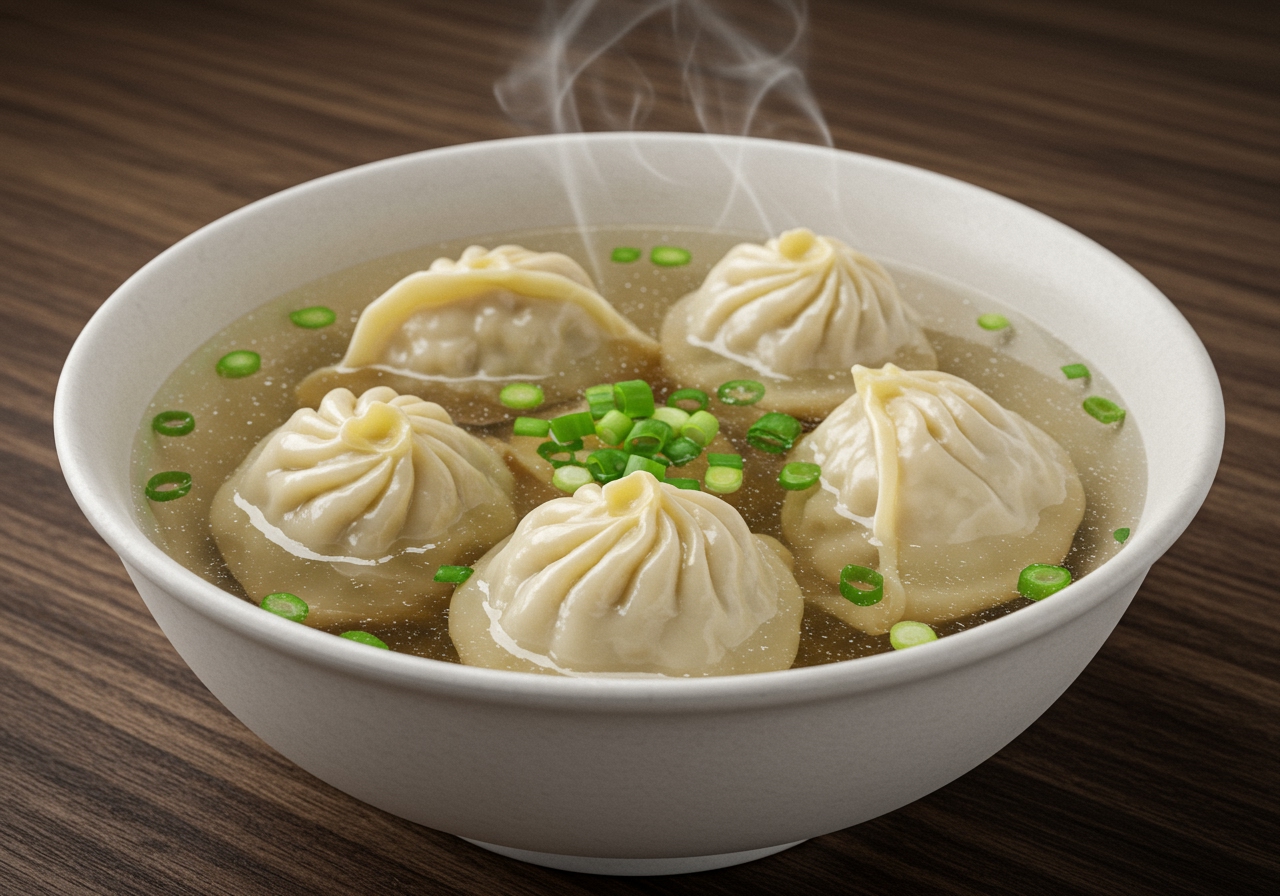 Chinese egg dumplings served in a clear chicken soup with some chopped green onions