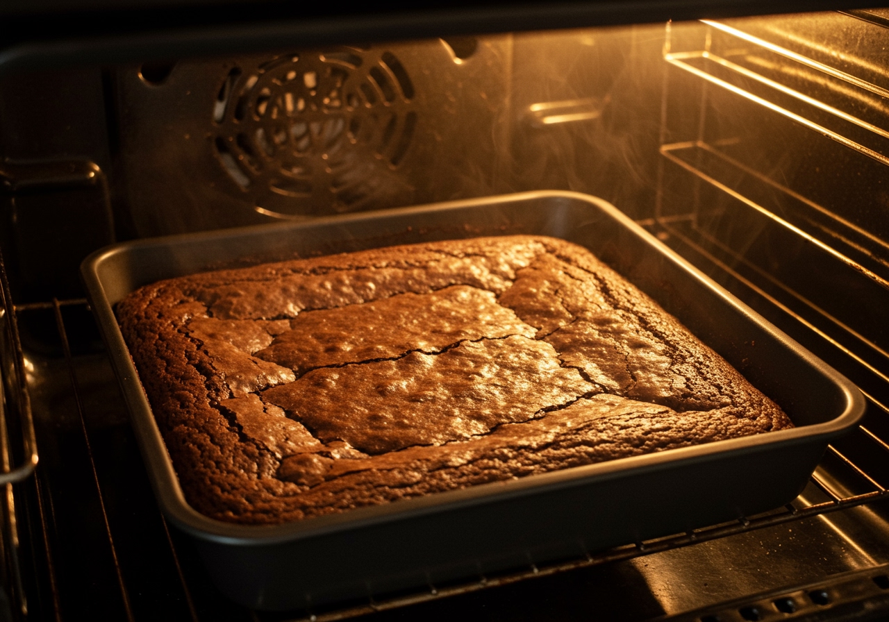 Chocolate Kahlua brownies baking in a square pan in the oven. The top is set and slightly cracked.