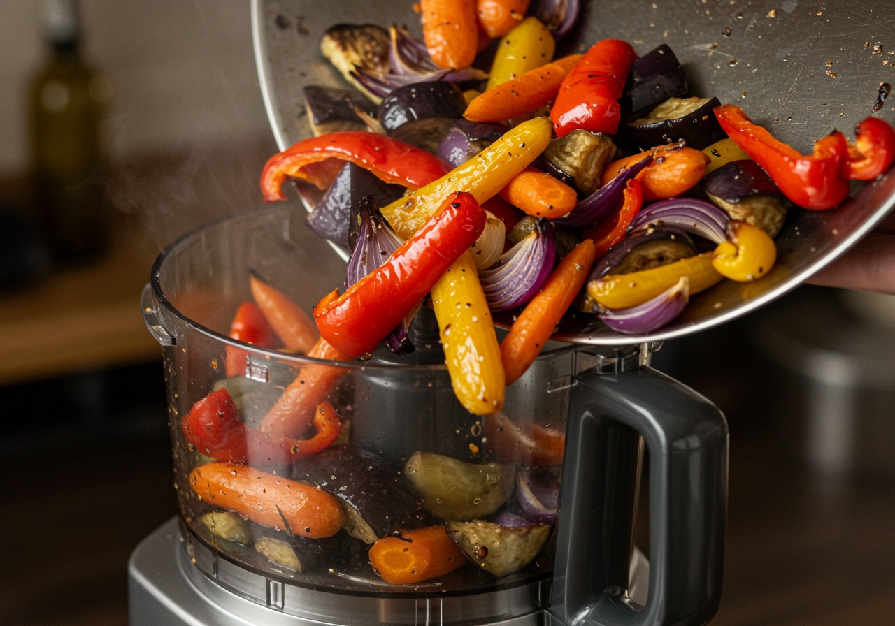 Chopped roasted vegetables being transferred into a food processor or mixing bowl.