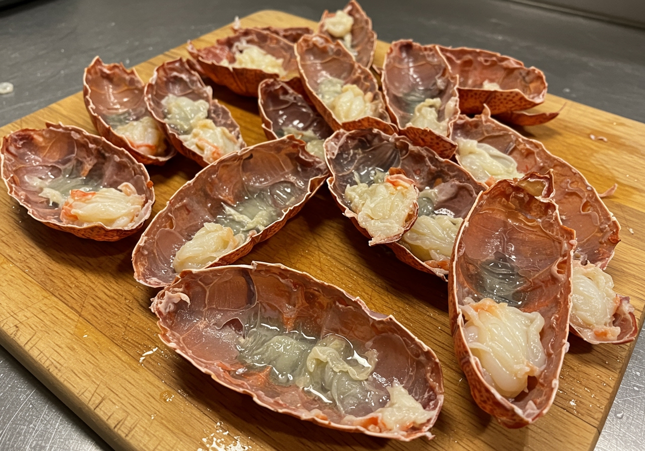 Cleaned lobster shells laid out on a cutting board, ready for preparation