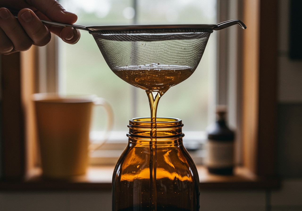Clear, light amber liquid being strained from a jar into a bottle