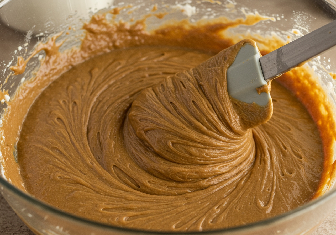 Close-up image of golden-brown cake batter being gently folded with a spatula in a mixing bowl.