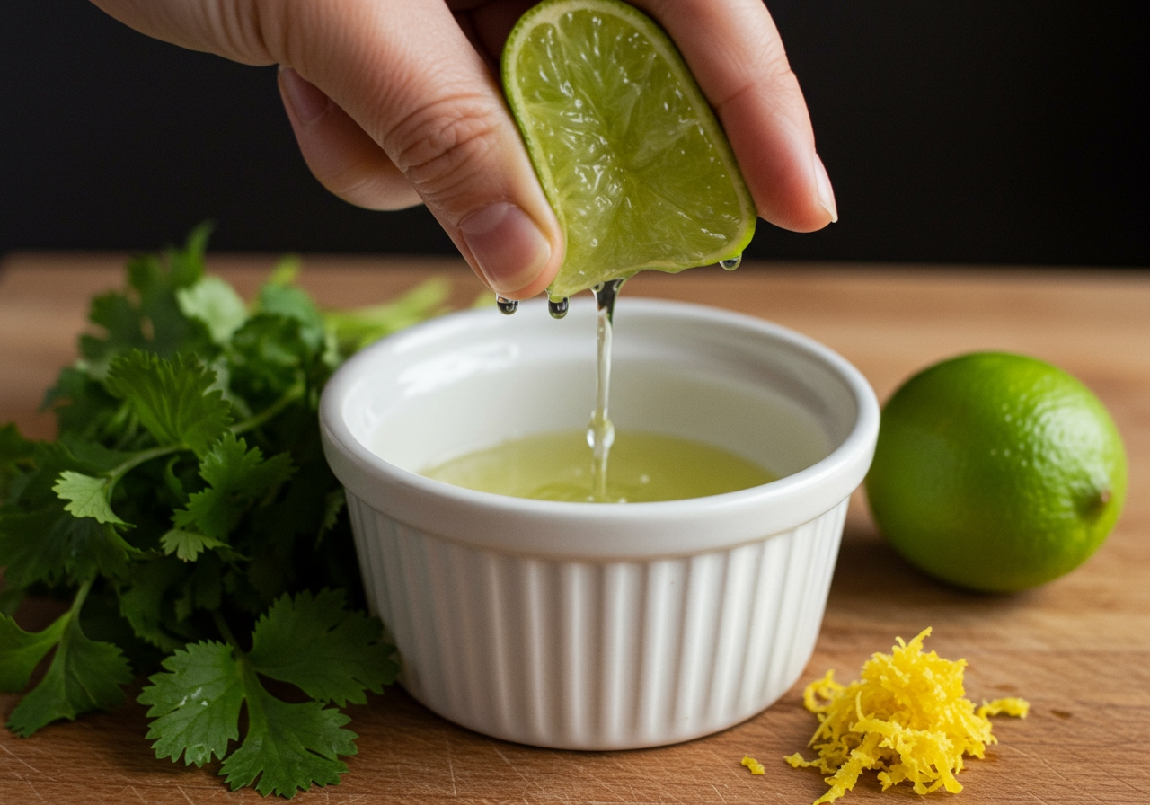 Close-up image showing a hand squeezing lime juice into a small bowl, with fresh cilantro and lime zest nearby.