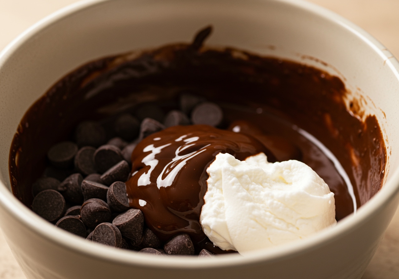 Close-up of a bowl filled with melted chocolate chips and marshmallow cream, ready to be stirred into the hot mixture