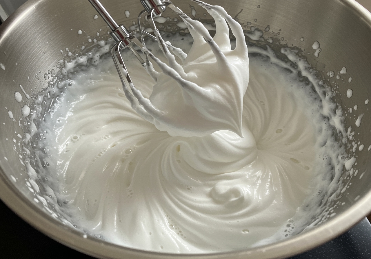 Close up of a bowl of aquafaba being whisked into a meringue-like foam.
