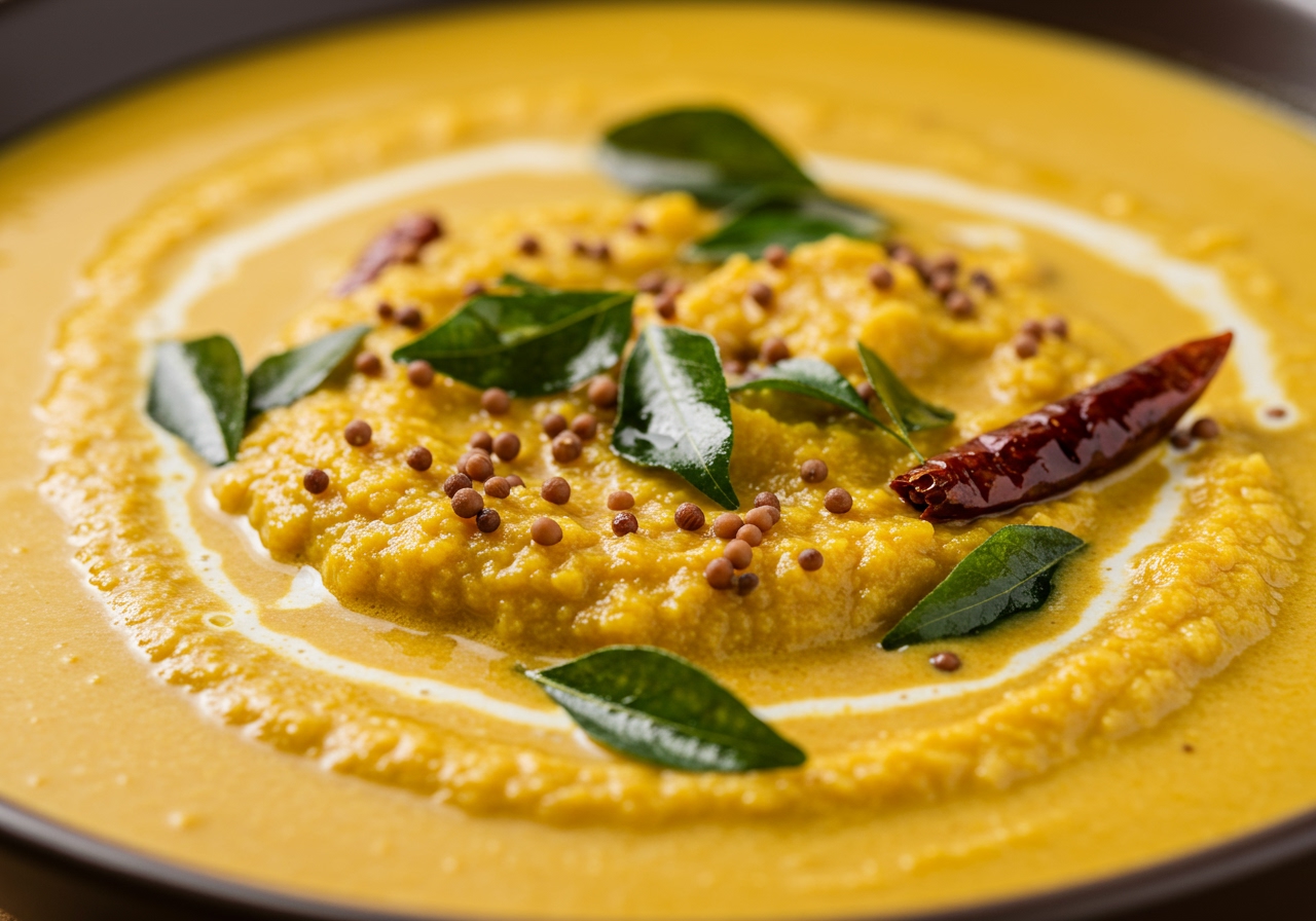 Close-up of a creamy Sri Lankan Parippu (Lentil Curry) in a bowl, garnished with tempered spices.