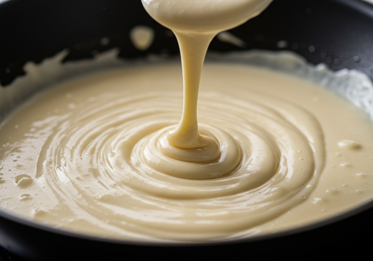 Close-up of a creamy white sauce being stirred in a frying pan, showing a smooth consistency.