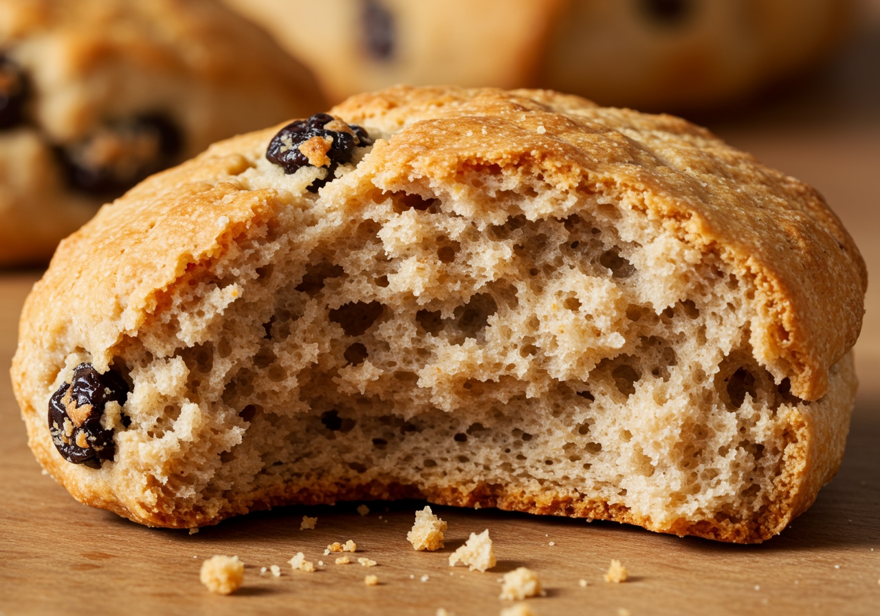 Close-up of a currant scone, broken open, showing its fluffy interior, visible currants, and a slightly coarse texture from whole wheat flour.