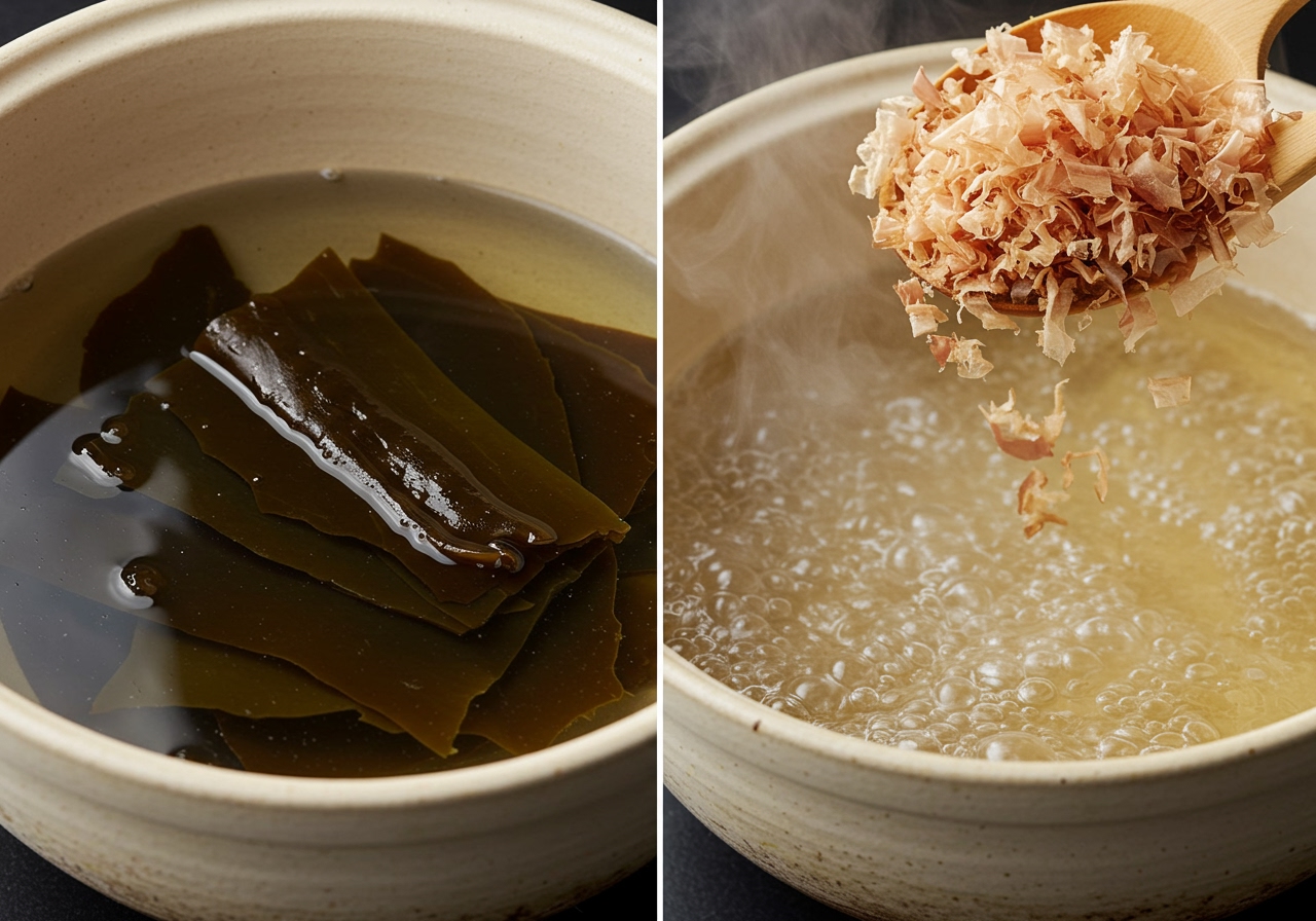 Close-up of a dashi-making process, showing dried kelp (kombu) soaking in water in a pot, and then bonito flakes (katsuobushi) being added to hot water.