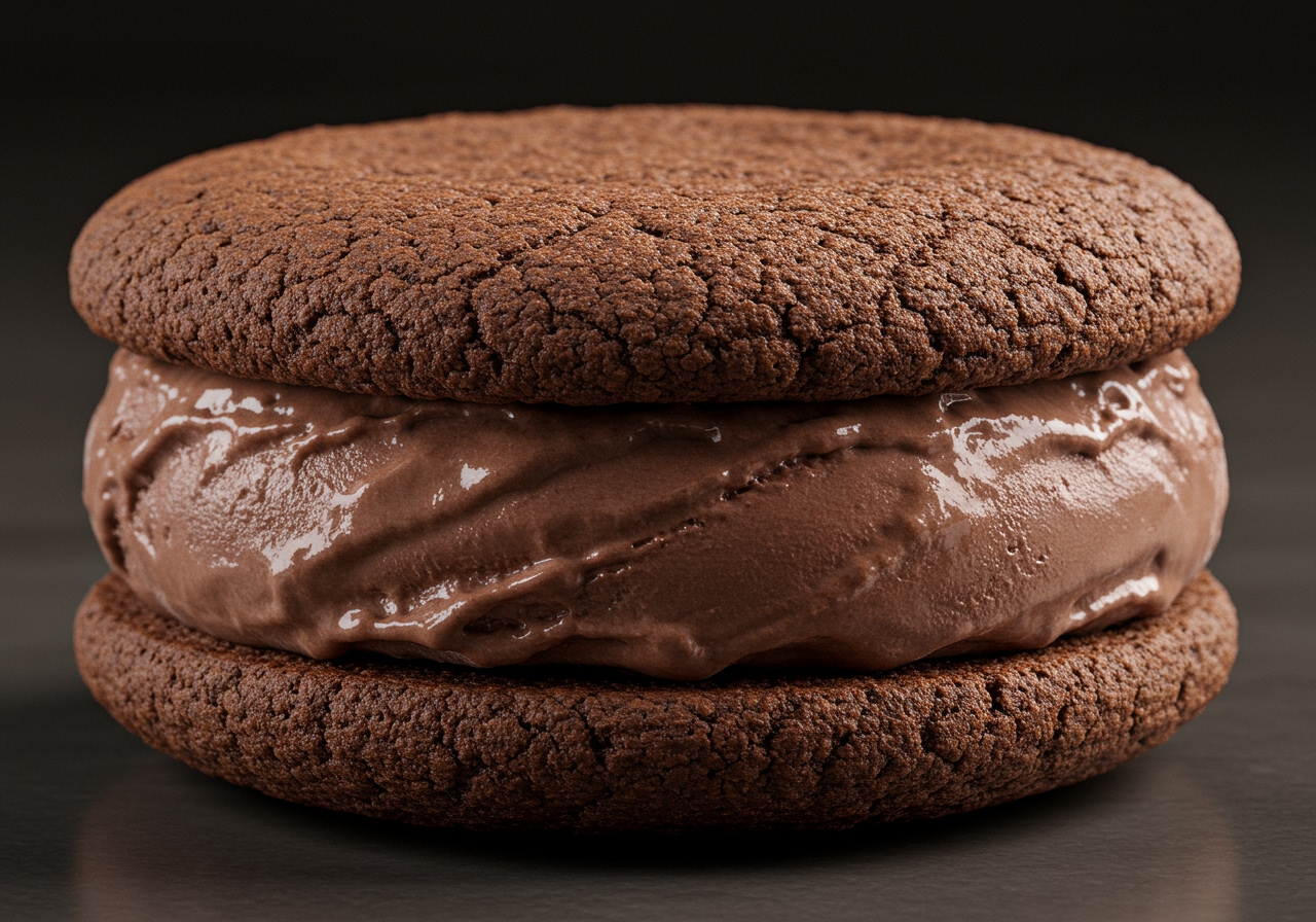 Close-up of a finished chocolate ice cream sandwich cookie before freezing.