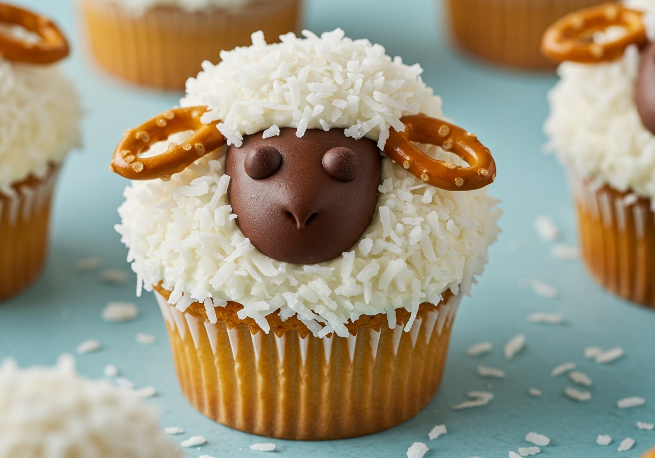 Close-up of a finished healthy Easter lamb cupcake, decorated with coconut 'wool', chocolate chip eyes, and pretzel ears.