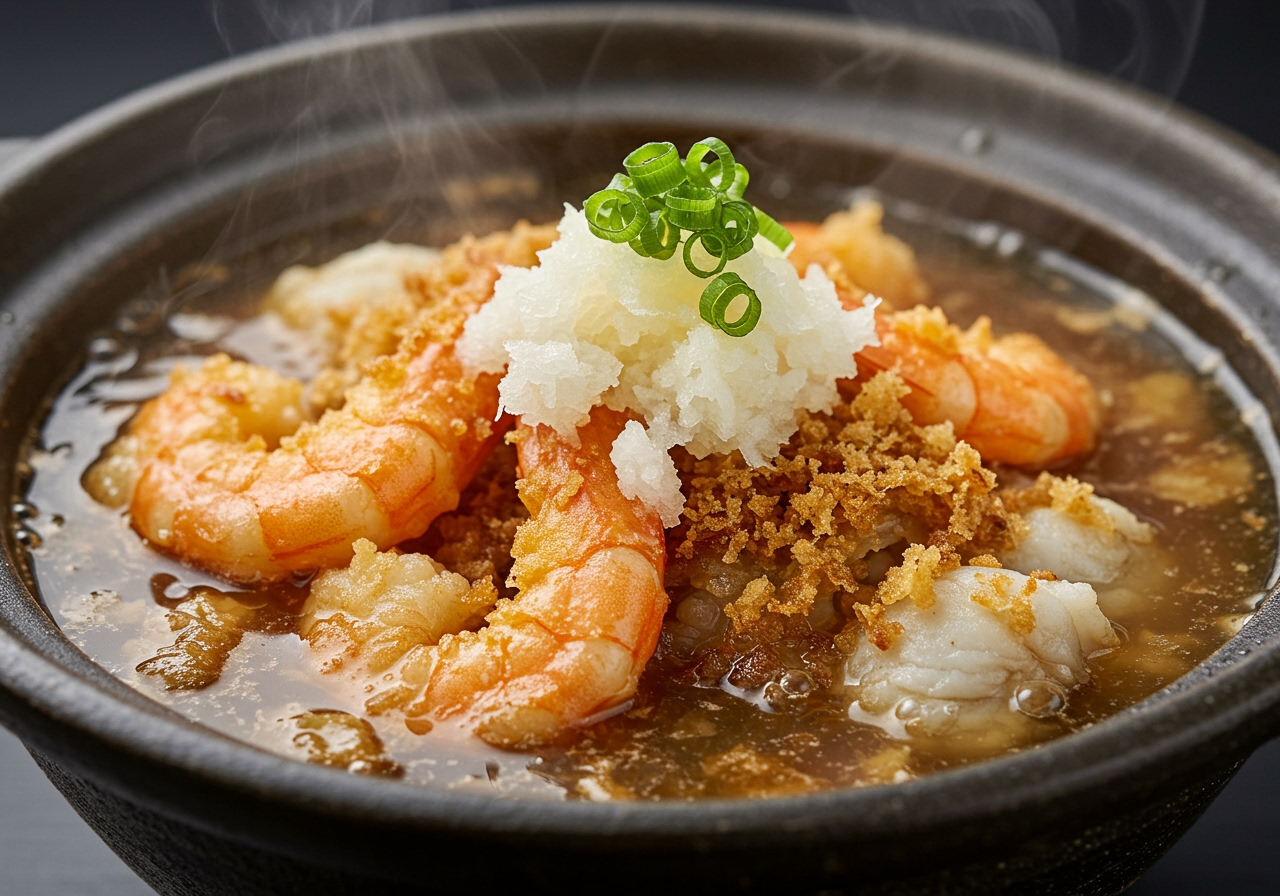 Close-up of a finished seafood agedashi dish, showing crispy fried seafood soaking in warm dashi sauce, topped with grated radish and green onions