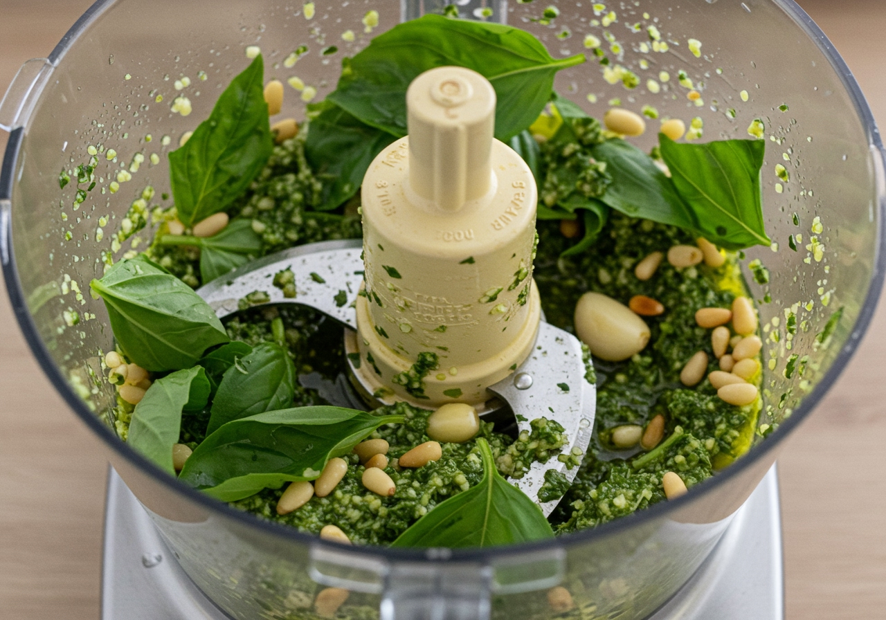 Close-up of a food processor blending basil, nuts, garlic, and olive oil for the pesto base.
