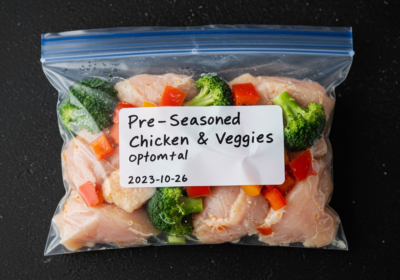 Close-up of a freezer bag containing pre-seasoned chicken pieces and chopped vegetables (like broccoli and peppers), labeled clearly with contents and date, flattened for efficient freezing.