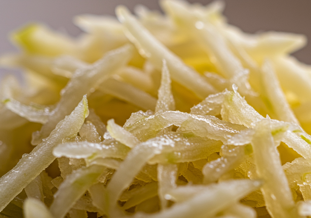 Close-up of a freshly grated apple, showing the texture and moisture.