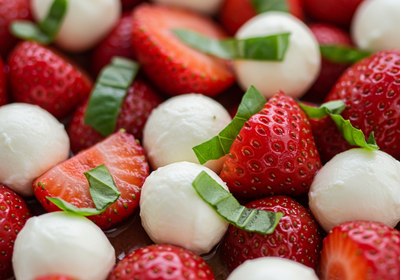 Close-up of a fruit caprese with bright red strawberries, small mozzarella balls (bocconcini), and fresh green basil leaves.