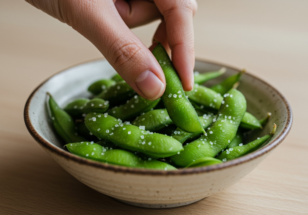 Close-up of a hand picking up a pod of perfectly salted edamame from a bowl.