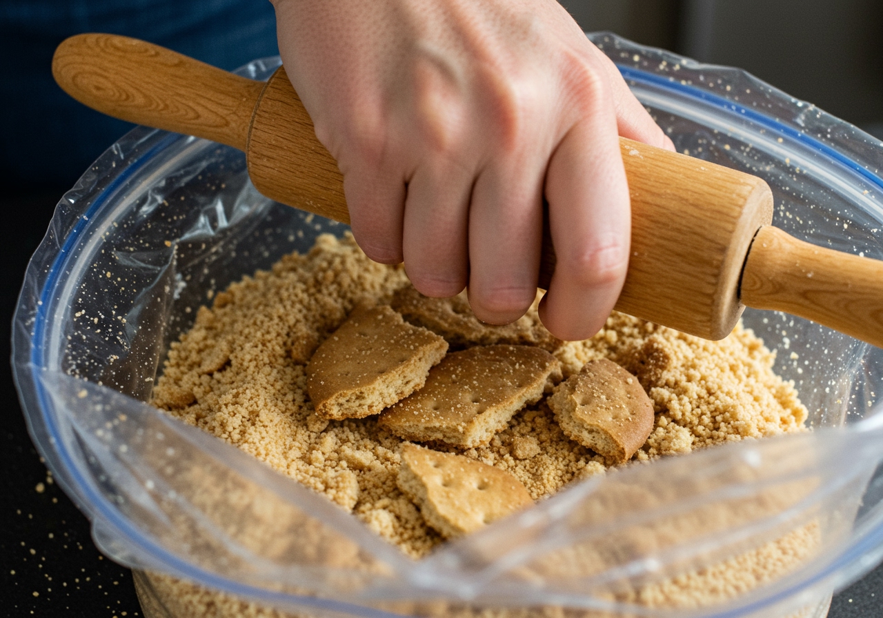 Close-up of a hand using a rolling pin to crush biscuits in a plastic bag.