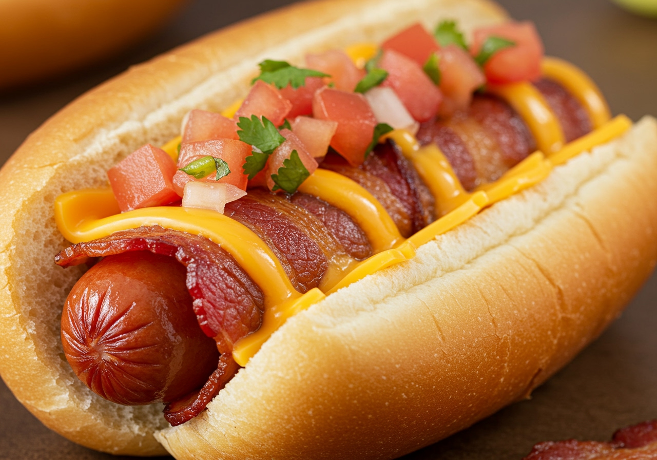 Close-up of a healthy bacon-wrapped hot dog with melted low-fat cheese and fresh pico de gallo.