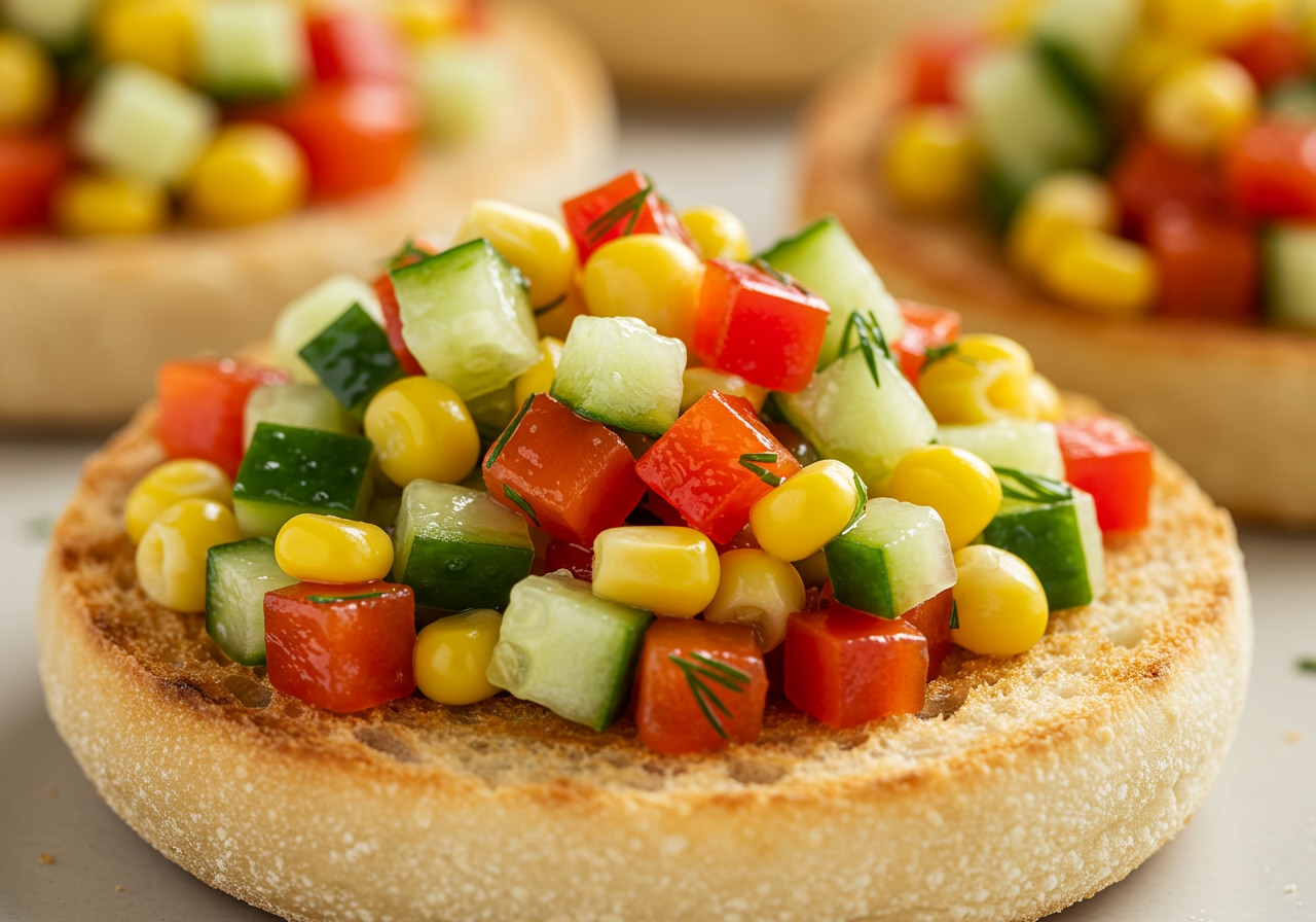 Close-up of a healthy English muffin appetizer topped with colorful diced vegetables and a sprinkle of fresh herbs.