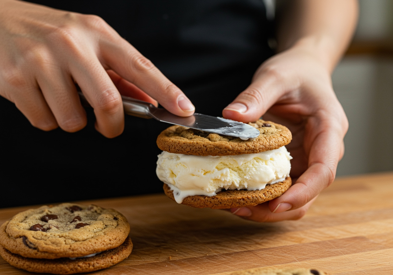 Close-up of a person assembling a homemade ice cream sandwich using cookies and softened ice cream