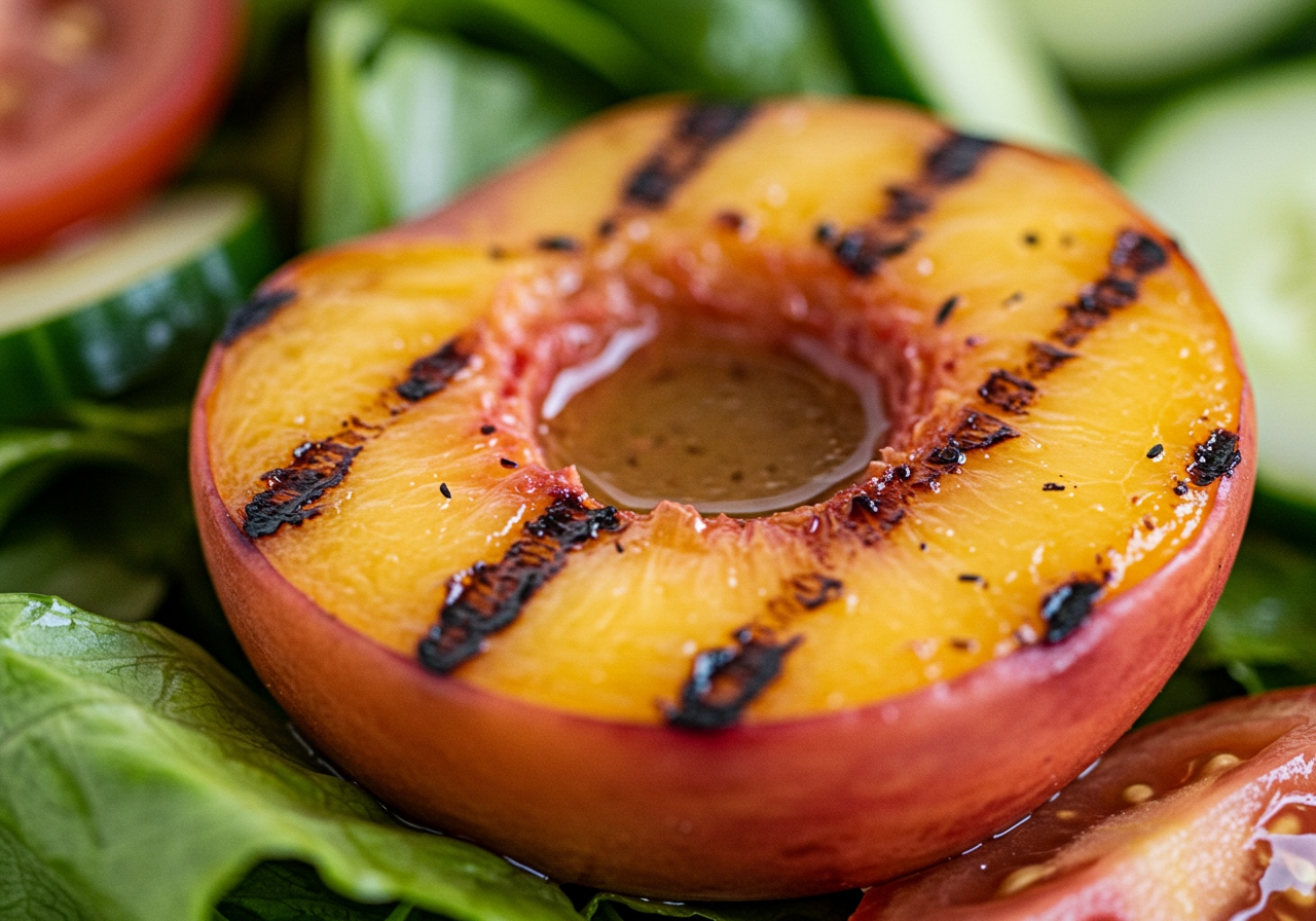 Close-up of a piece of grilled peach with grill marks, glistening with vinaigrette, in a salad.