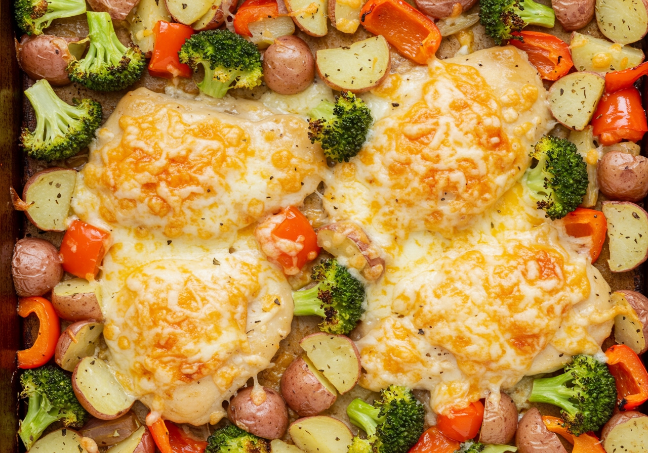 Close-up of a portion of the finished sheet pan meal, showing golden brown chicken, roasted vegetables, and bubbly, melted cheese.