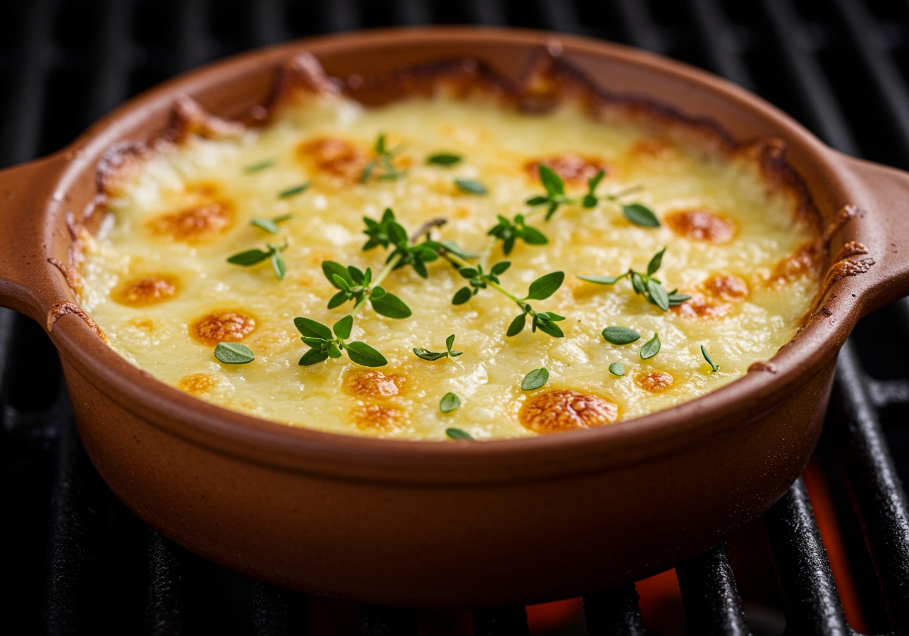 Close-up of a single-serving gratin dish fresh from the grill, showing bubbly cheese and herbs.