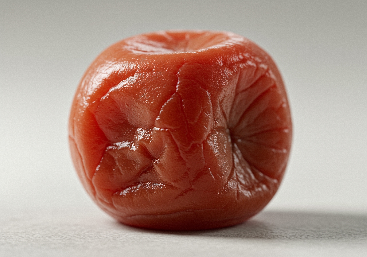 Close-up of a single umeboshi (pickled plum)