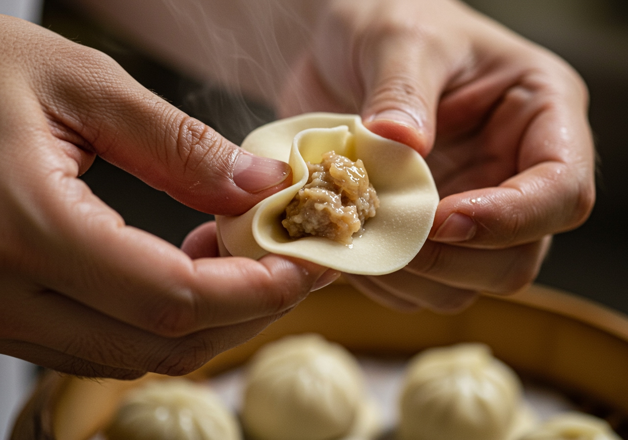 Close-up of a skilled hand pleating the edge of a dumpling wrapper filled with meat and aspic, forming the characteristic folds of a xiao long bao.
