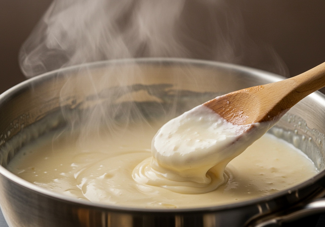 Close-up of a smooth, creamy Alfredo sauce being stirred gently in a saucepan with a wooden spoon, steam rising.