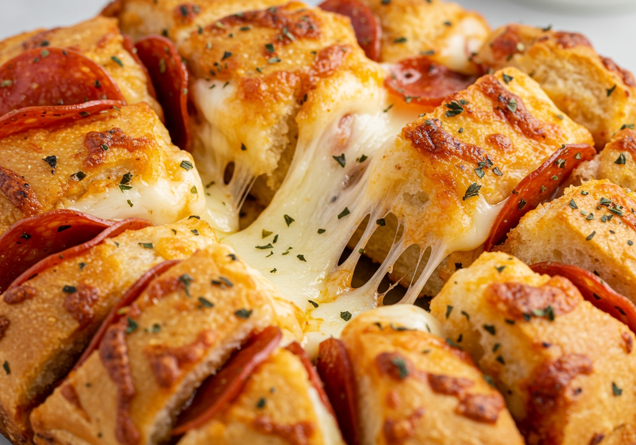 Close-up of a steaming hot pull-apart bread with melted mozzarella cheese stretching between pieces, topped with pepperoni and visible herbs like oregano. Focus on the gooey, delicious texture.