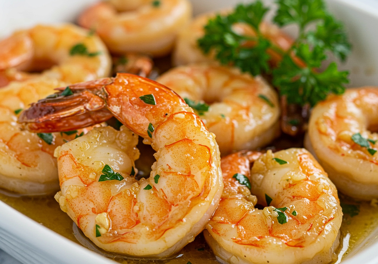 Close-up of air fried garlic butter shrimp in a serving dish, garnished with fresh parsley.