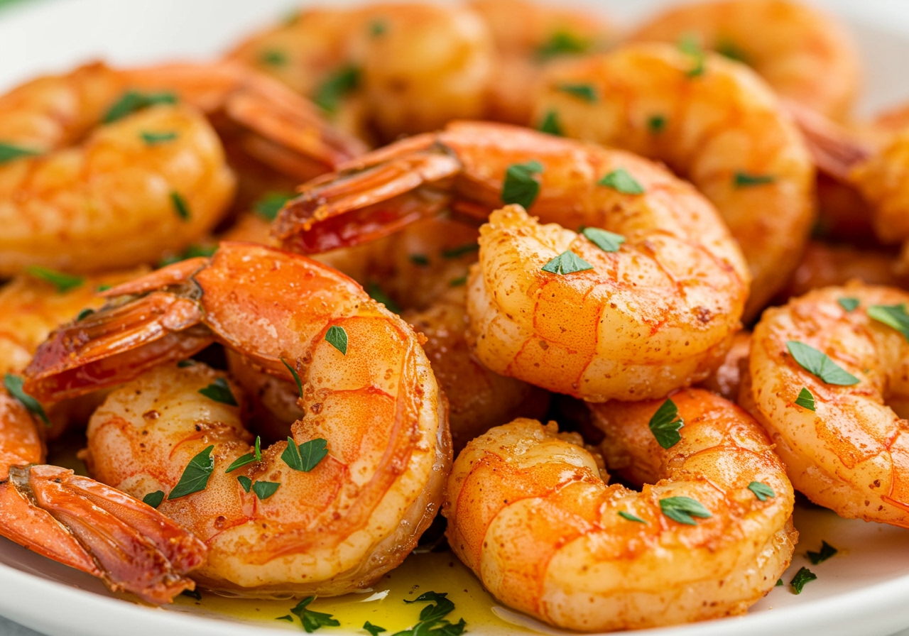 Close-up of air fried spicy Cajun shrimp with a sprinkle of chopped parsley.