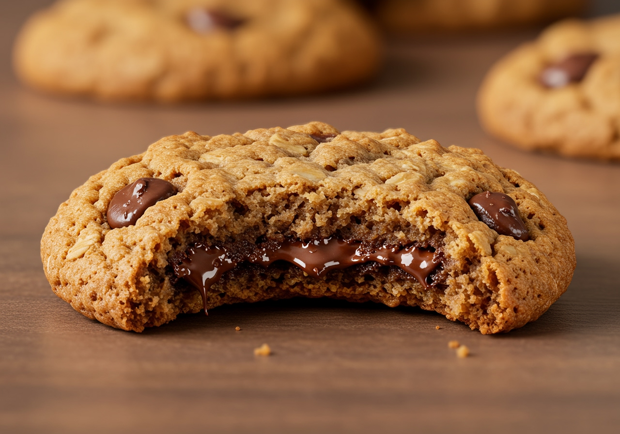 Close-up of an easy oatmeal chocolate chip cookie with a bite taken out, showing the texture and melted chocolate, with a blurry background.