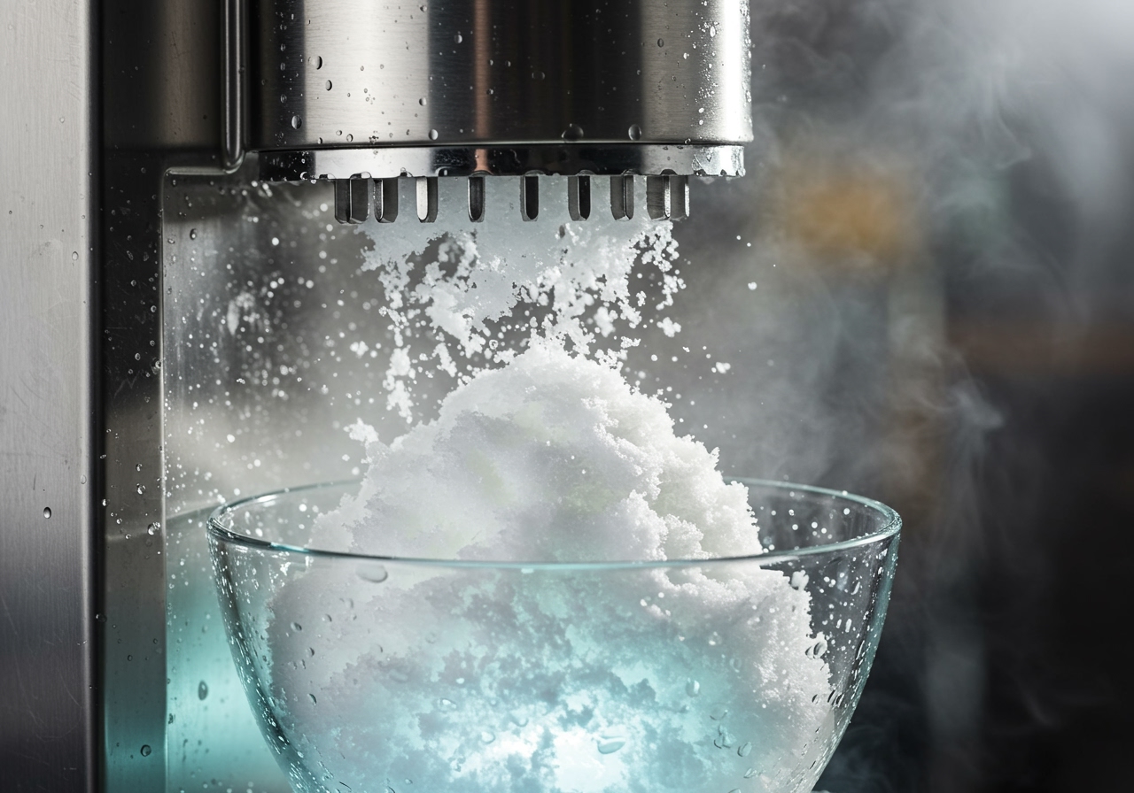Close-up of an ice shaver machine producing fluffy, snow-like ice from a block, falling into a bowl.