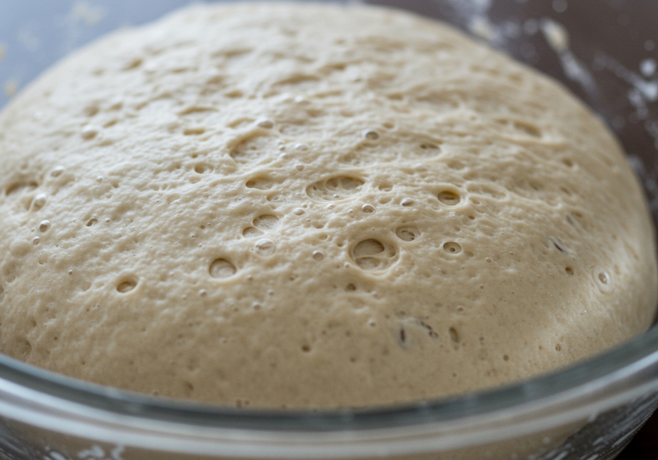 Close-up of baguette dough after its first bulk fermentation, showing large air bubbles and a smooth, elastic texture in a clear bowl.