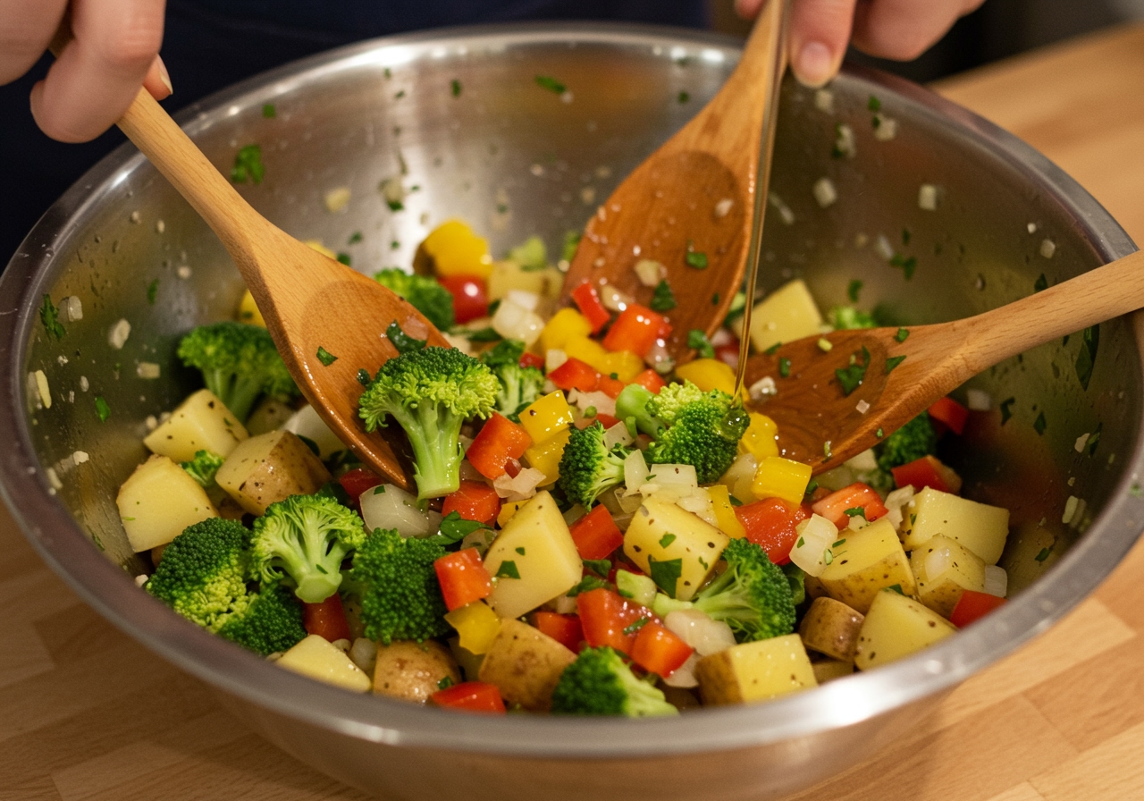 Close-up of chopped vegetables (broccoli, bell peppers, onions, potatoes) in a large mixing bowl, being tossed with olive oil and herbs.