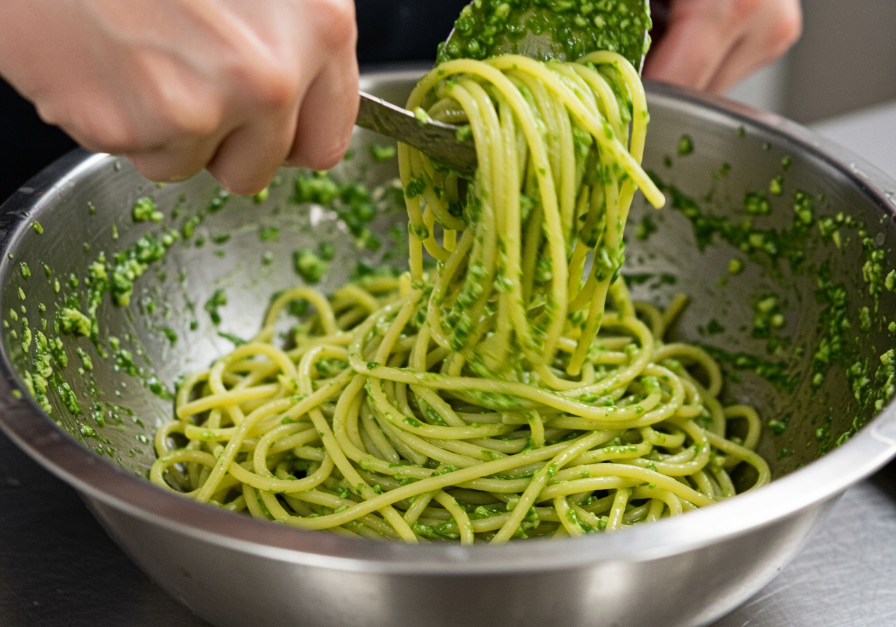 Close-up of cold spaghetti being tossed with bright green lemon pesto in a large bowl.