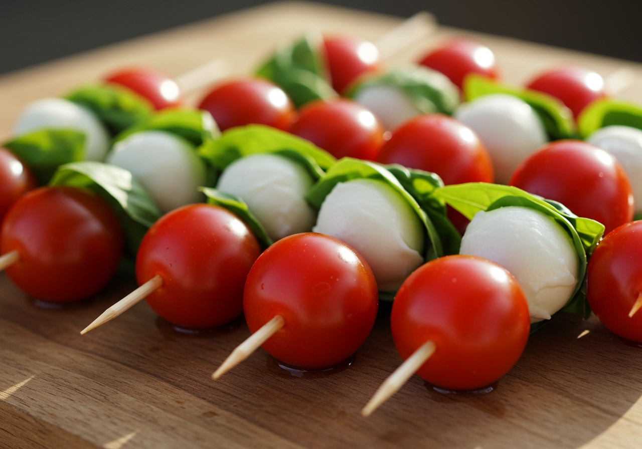 Close-up of colorful Caprese skewers (pintxos) with cherry tomatoes, mini mozzarella balls, and basil leaves on short skewers.