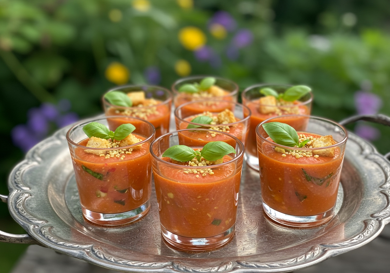 Close-up of colorful gazpacho shots in small glasses on a serving tray, garnished with basil leaves and small croutons, ready for a summer party.